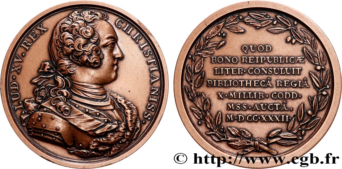 LOUIS XV THE BELOVED Médaille, La bibliothèque du roi augmentée, refrappe AU
