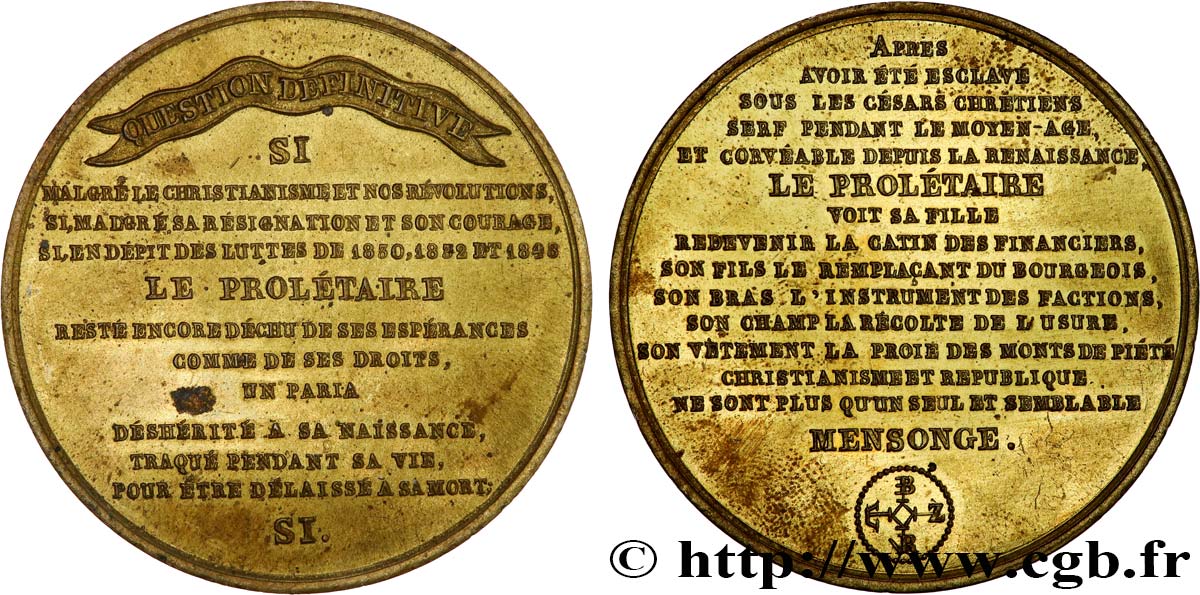 DEUXIÈME RÉPUBLIQUE Médaille, Constat amer sur le prolétaire, critique de la République VZ