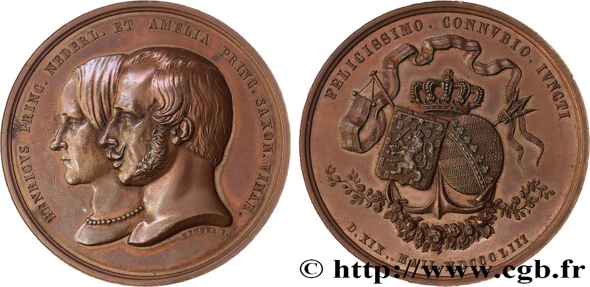 NETHERLANDS Médaille, Noces d’Henri d’Orange-Nassau et Amelia Gloria Augusta de Saxe Weimar Eisenach XF
