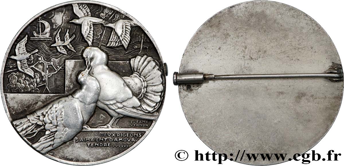 LITTÉRATURE : ÉCRIVAINS/ÉCRIVAINES - POÈTES Médaille, Les deux pigeons, montée en broche TTB+