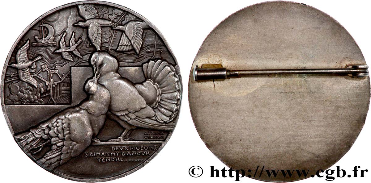 LITERATURE : WRITERS - POETS Médaille, Les deux pigeons, montée en broche AU