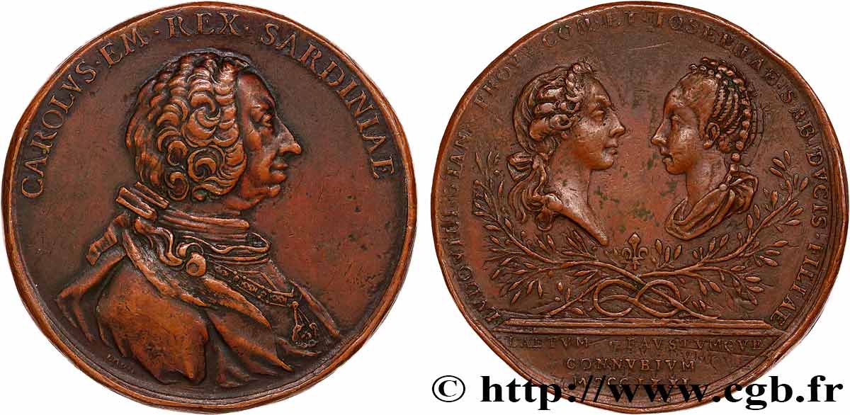 ITALIE - ROYAUME DE SARDAIGNE - CHARLES-EMMANUEL III Médaille, Mariage de Louise fille du Roi de Sardaigne et de Louis Stanislas Xavier Comte de Provence TTB