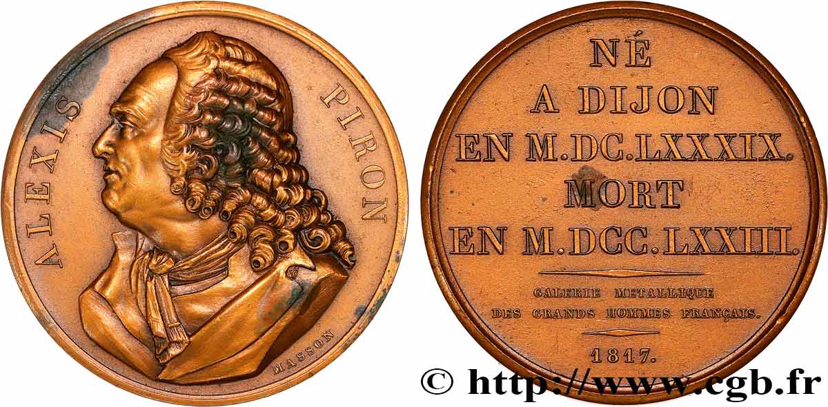 METALLIC GALLERY OF THE GREAT MEN FRENCH Médaille, Alexis Piron, refrappe AU