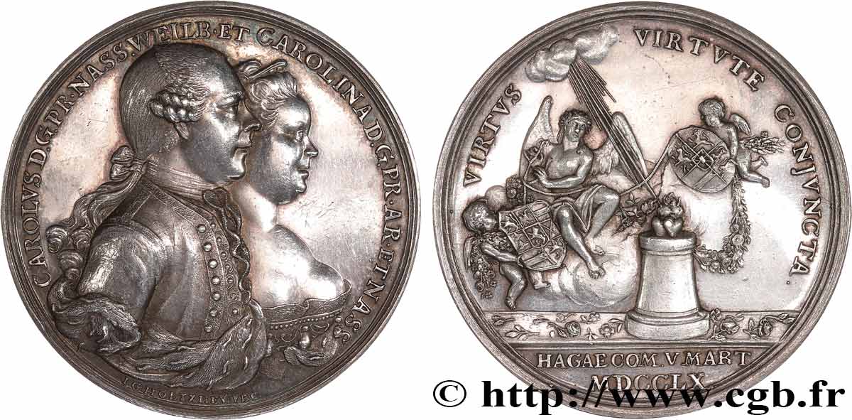 NIEDERLANDE - VEREINIGTEN PROVINZEN  - HOLLAND Médaille, Mariage de Carl Christian von Nassau-Weilburg et de Caroline von Nassau-Diez-Oranien VZ