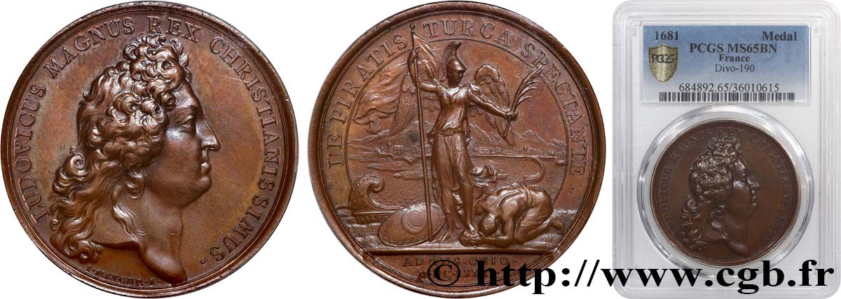 LOUIS XIV  THE SUN KING  Médaille, Défaite des corsaires de Tripoli MS65