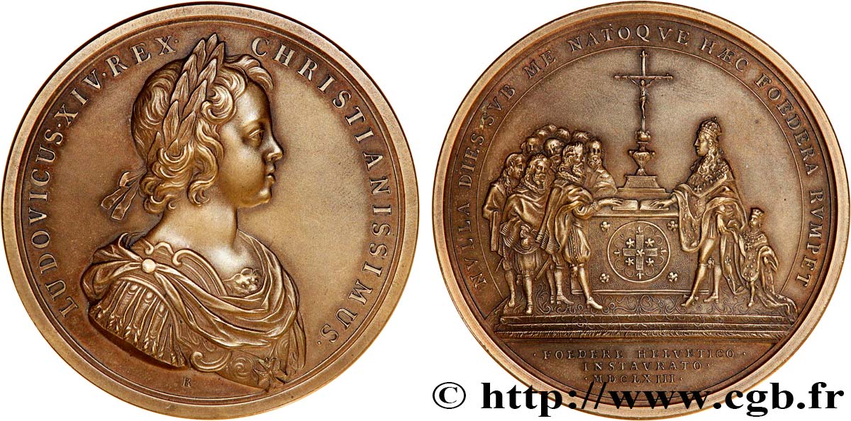 LOUIS XIV  THE SUN KING  Médaille, Alliance avec les Suisses, refrappe VZ