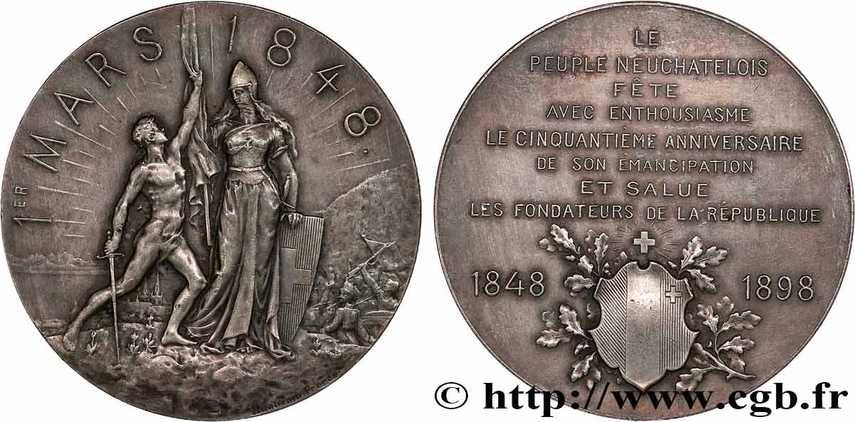 SCHWEIZ -  KANTON NEUCHATEL Médaille, 50e anniversaire d’émancipation du peuple neuchâtelois fVZ