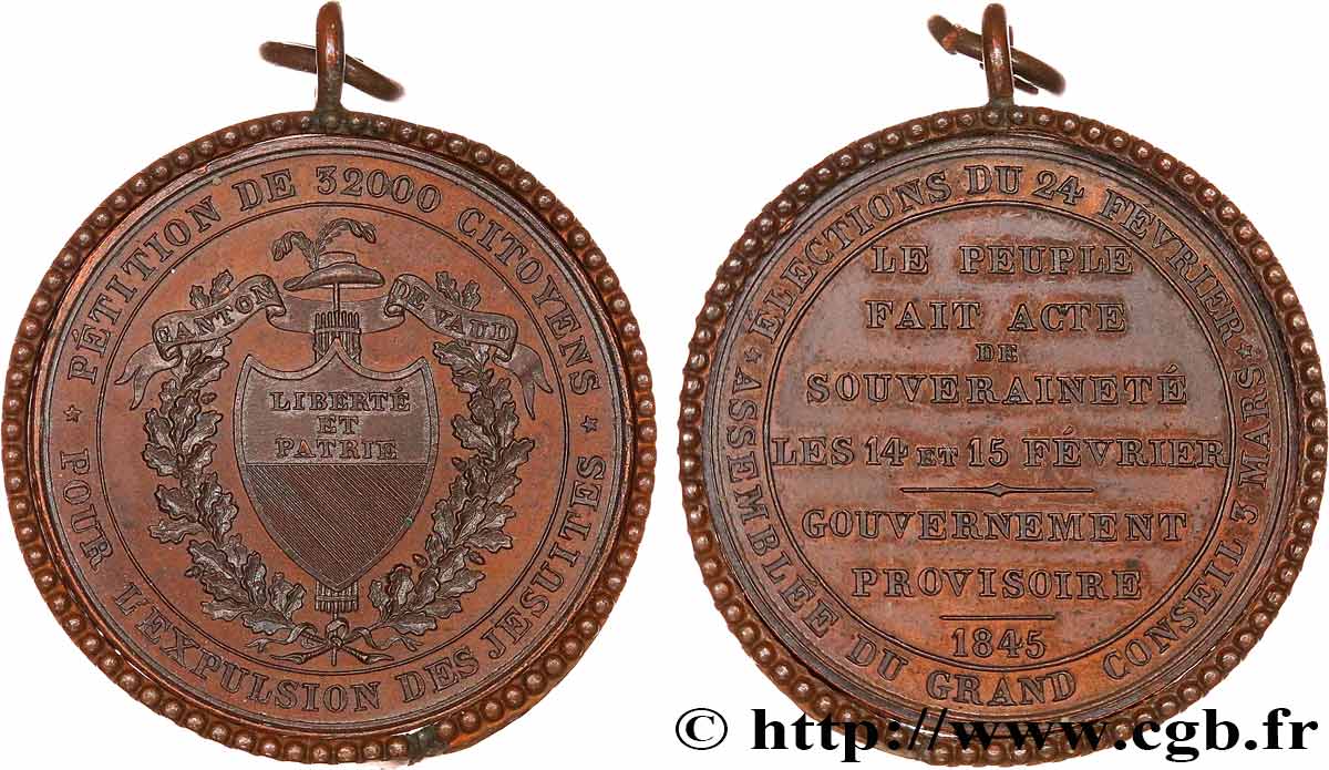 SWITZERLAND - CANTON OF VAUD Médaille, Pétition de 32000 citoyens pour l’expulsion des jésuites AU