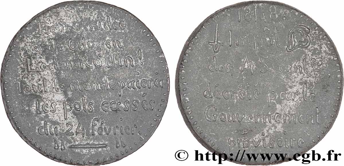 DEUXIÈME RÉPUBLIQUE Médaille, Impôt des 45 centimes MBC