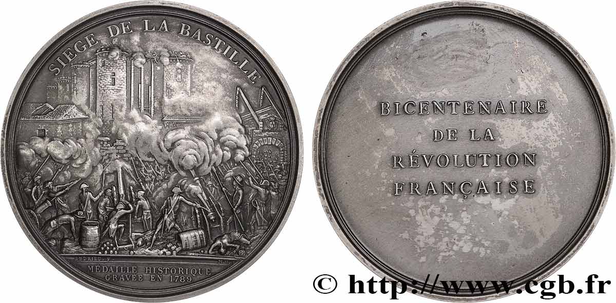 CINQUIÈME RÉPUBLIQUE Médaille, Bicentenaire de la Révolution, Siège de la Bastille TTB+