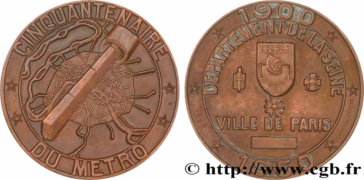 QUATRIÈME RÉPUBLIQUE Médaille, Cinquantenaire du métro parisien TTB+