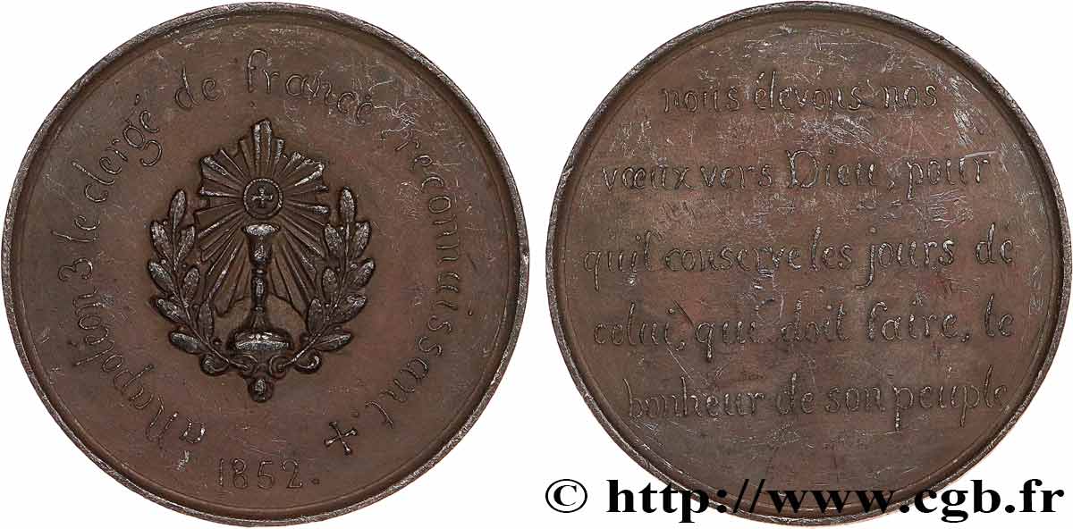 DEUXIÈME RÉPUBLIQUE Médaille, Clergé de France reconnaissant envers Napoléon III XF