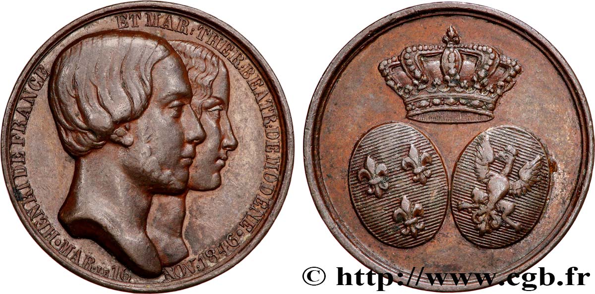 LUIGI FILIPPO I Médaille, Mariage d’Henri de France et Marie Thérèse de Modène BB