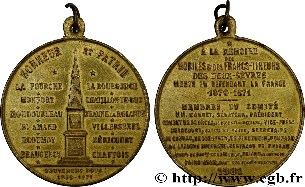 TROISIÈME RÉPUBLIQUE Médaille, à la mémoire des mobiles et francs-tireurs des Deux-Sèvres TTB+