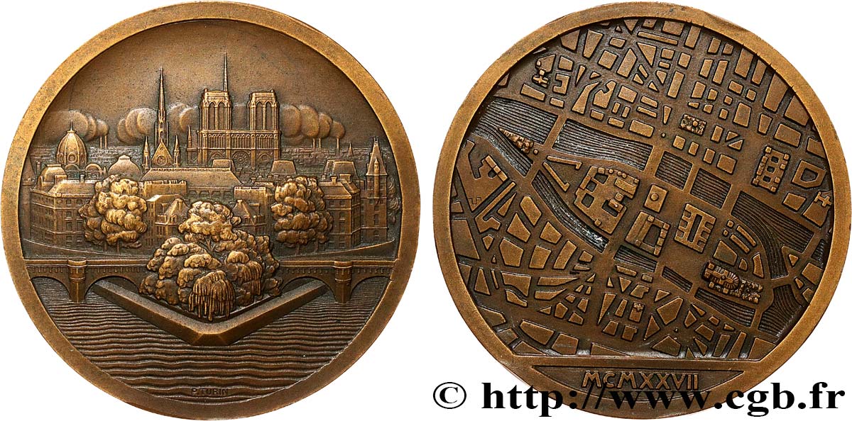 III REPUBLIC Médaille, Paris et l’île de la Cité par Pierre Turin AU