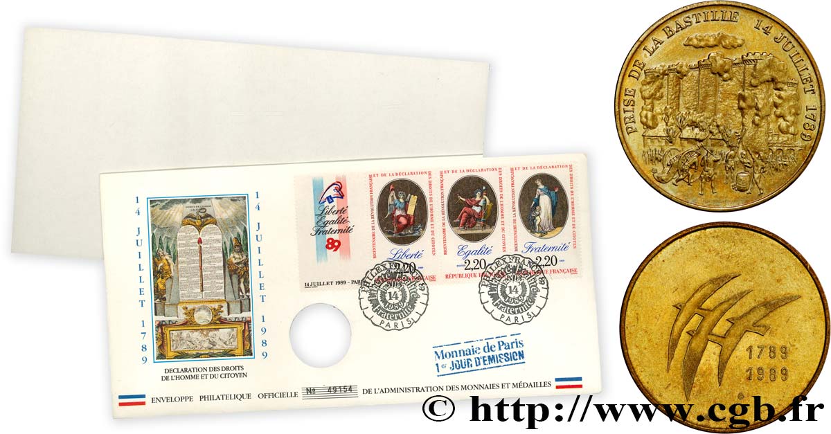 CINQUIÈME RÉPUBLIQUE Enveloppe “Timbre médaille”, Bicentenaire de la Révolution Française SUP+