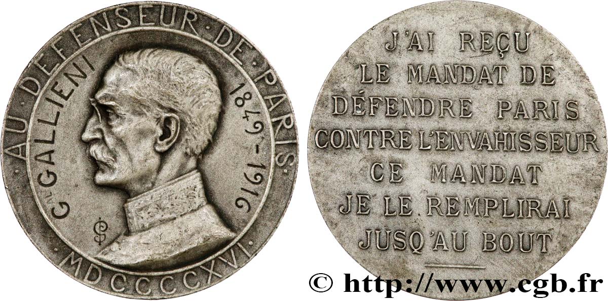 TROISIÈME RÉPUBLIQUE Médaille, Général Gallieni, défenseur de Paris SUP