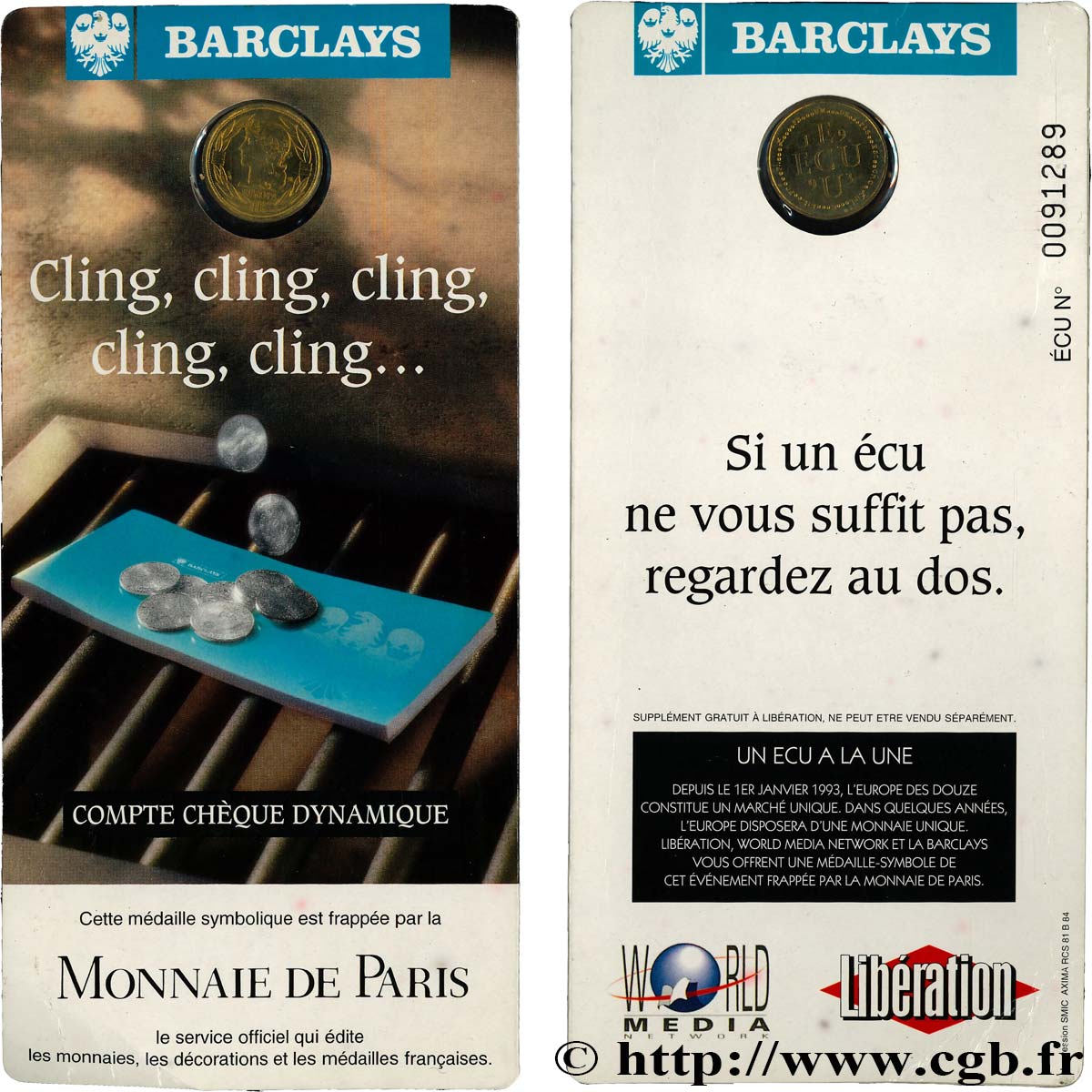 CINQUIÈME RÉPUBLIQUE Médaille symbolique, Ecu Europa FDC