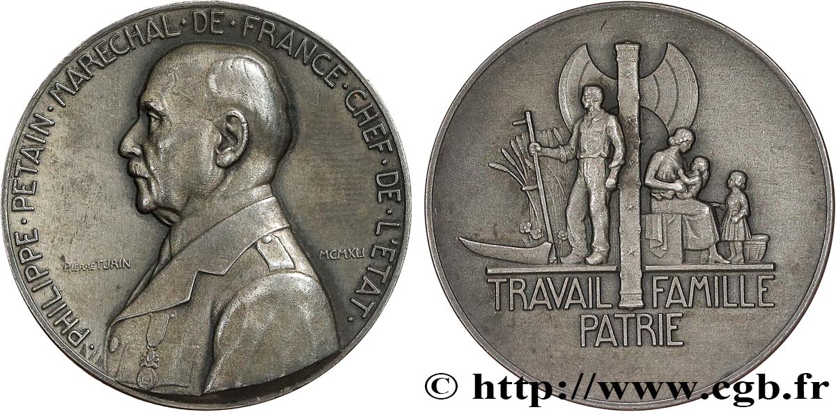 ETAT FRANÇAIS Médaille, Maréchal Pétain, Travail, Famille et Patrie AU