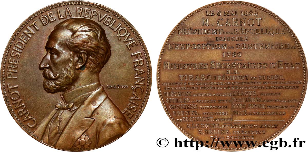 III REPUBLIC Médaille, Sadi Carnot, Inauguration de l’exposition du centenaire de 1789 AU