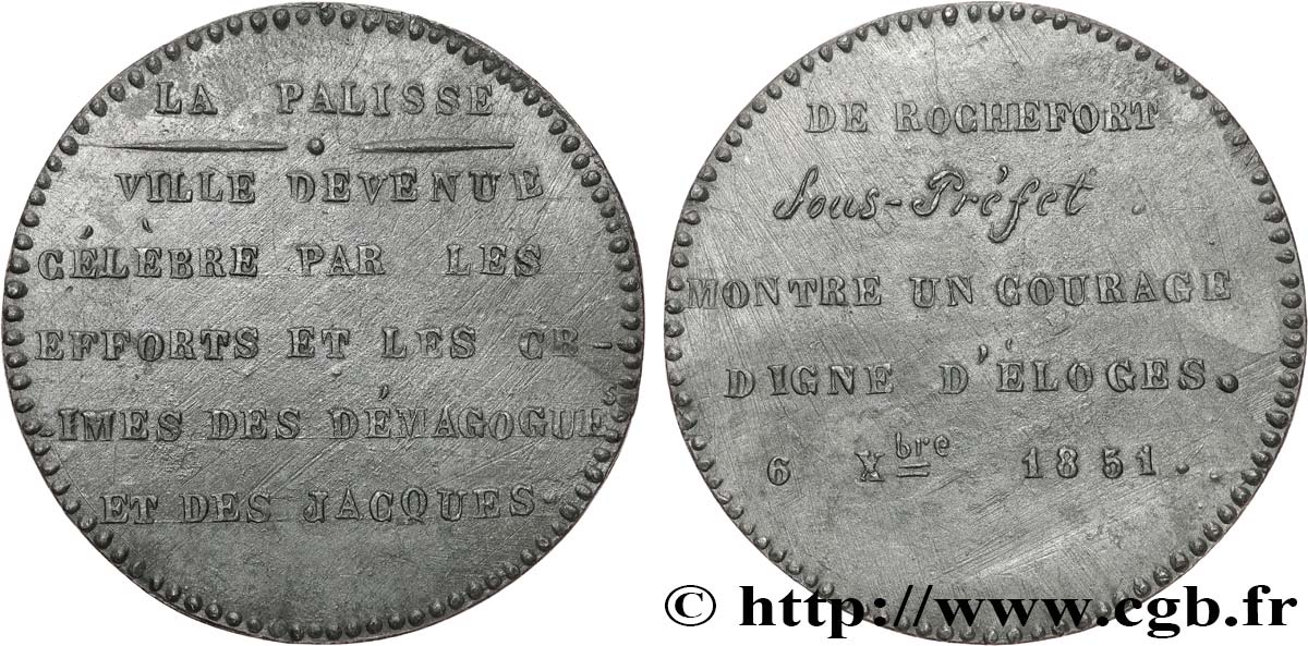 SECOND REPUBLIC Médaille, Hommage à Antoine de Rochefort AU