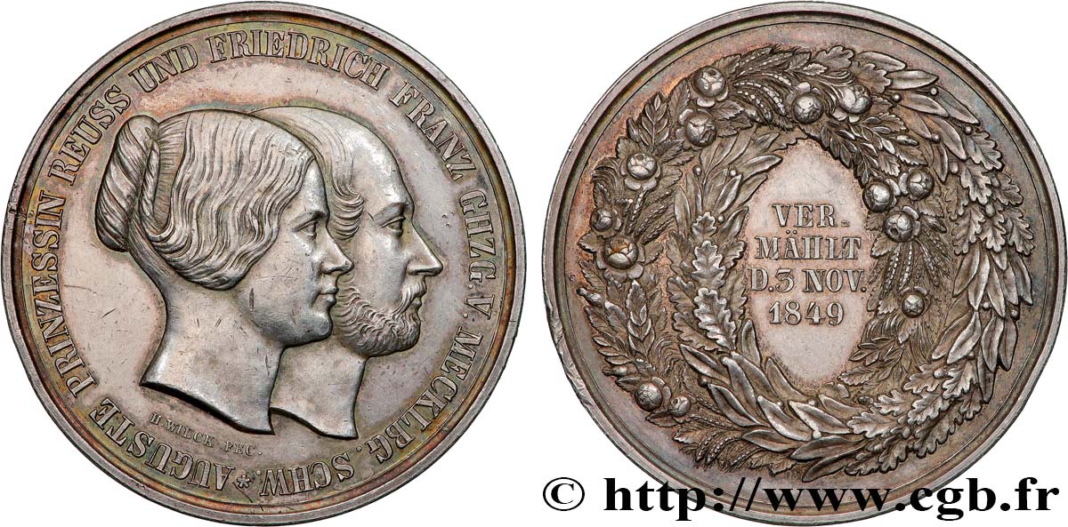 GERMANIA - MECLEMBURGO-SCHWERIN Médaille, Mariage de Frédéric François II de Mecklembourg-Schwerin et de la Princesse Augusta Reuss BB/q.SPL