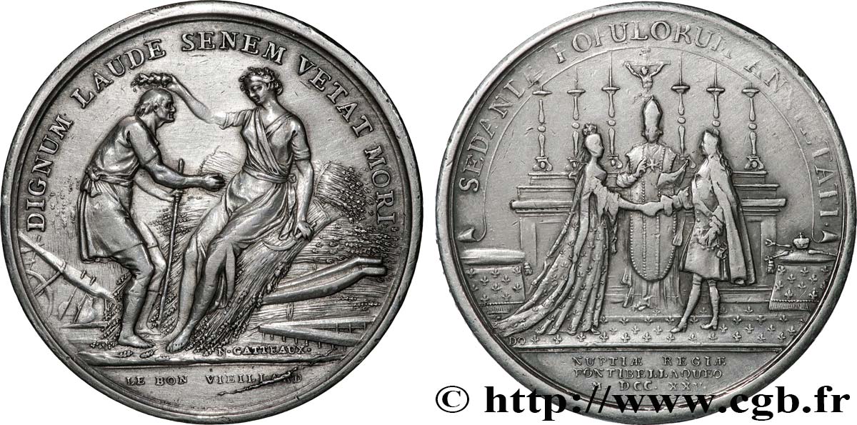 LOUIS XV THE BELOVED Médaille, Mariage de Louis XV, Rosières de Canon, Mézidon et Vieux Fumé, Le bon vieillard XF/VF