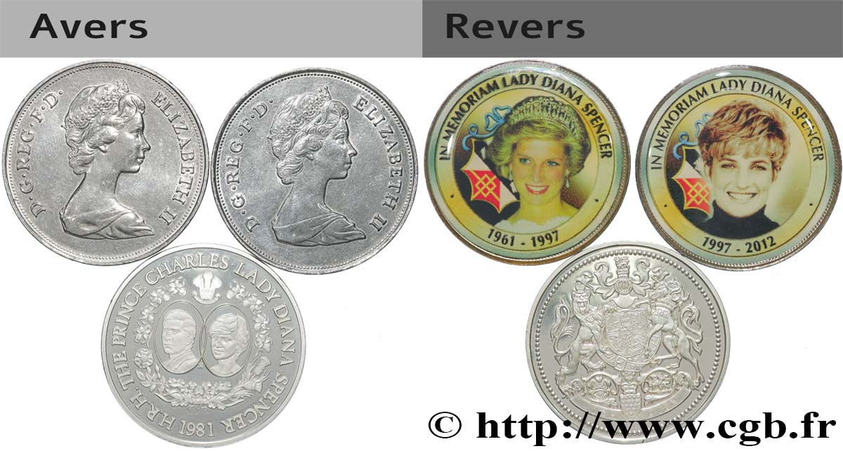 REINO UNIDO Lot de 3 médailles, Mariage de Charles, Prince de Galles, et Lady Diana Spencer MBC+