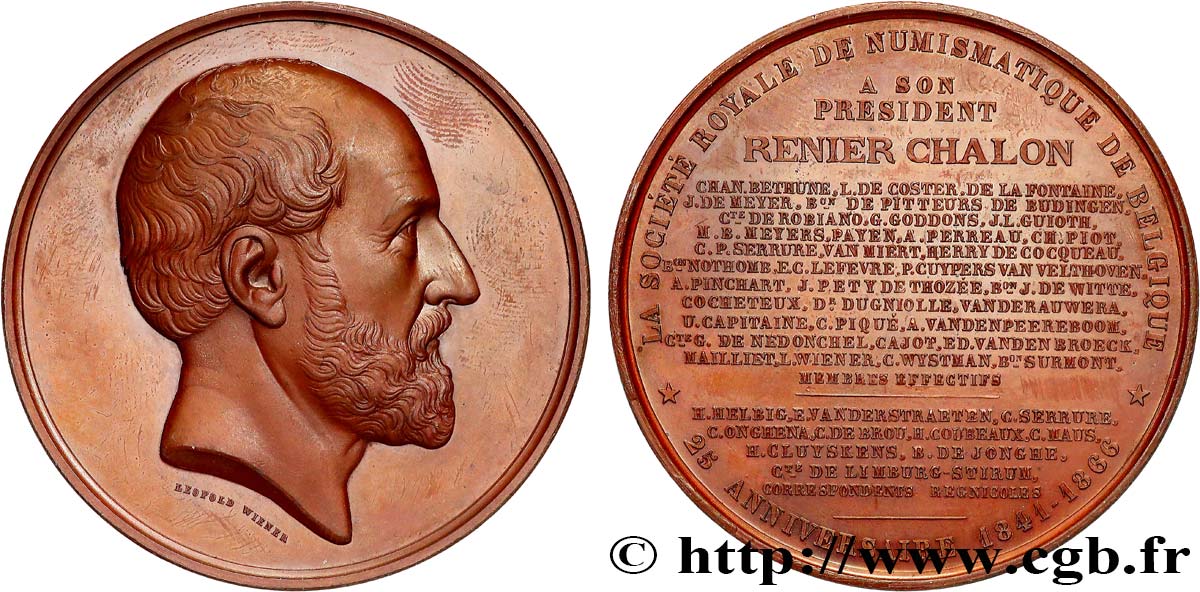 BELGIQUE - ROYAUME DE BELGIQUE - LÉOPOLD II Médaille, Renier Chalon, 25e anniversaire de la société royale de numismatique SUP