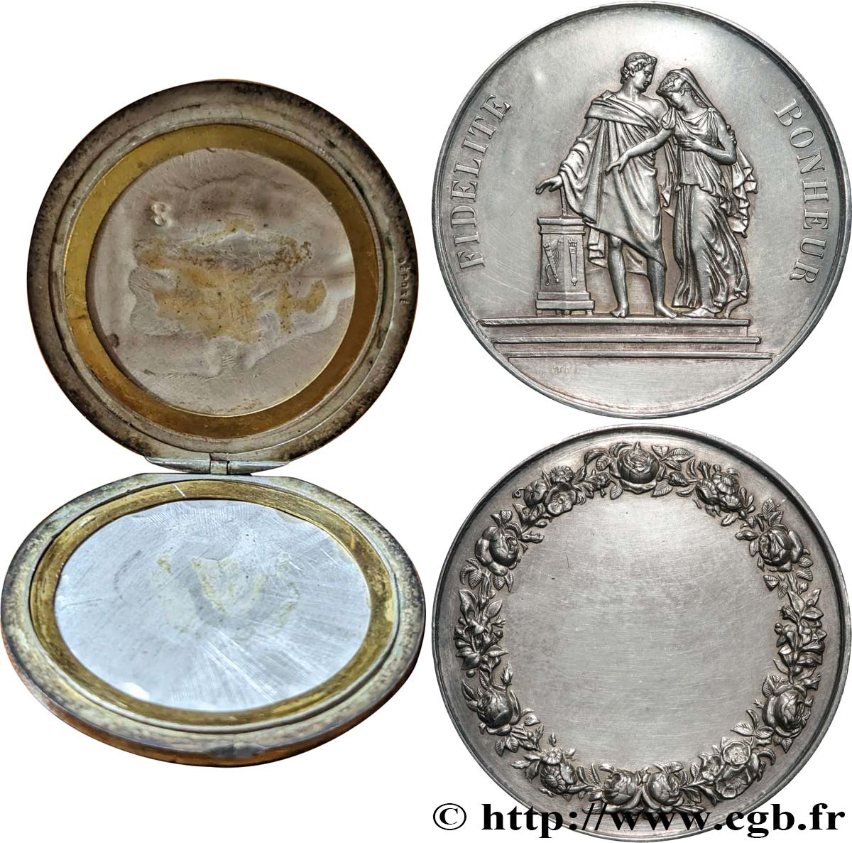 AMOUR ET MARIAGE Médaille de mariage, Fidélité et Bonheur, transformée en boîte de mariage q.SPL