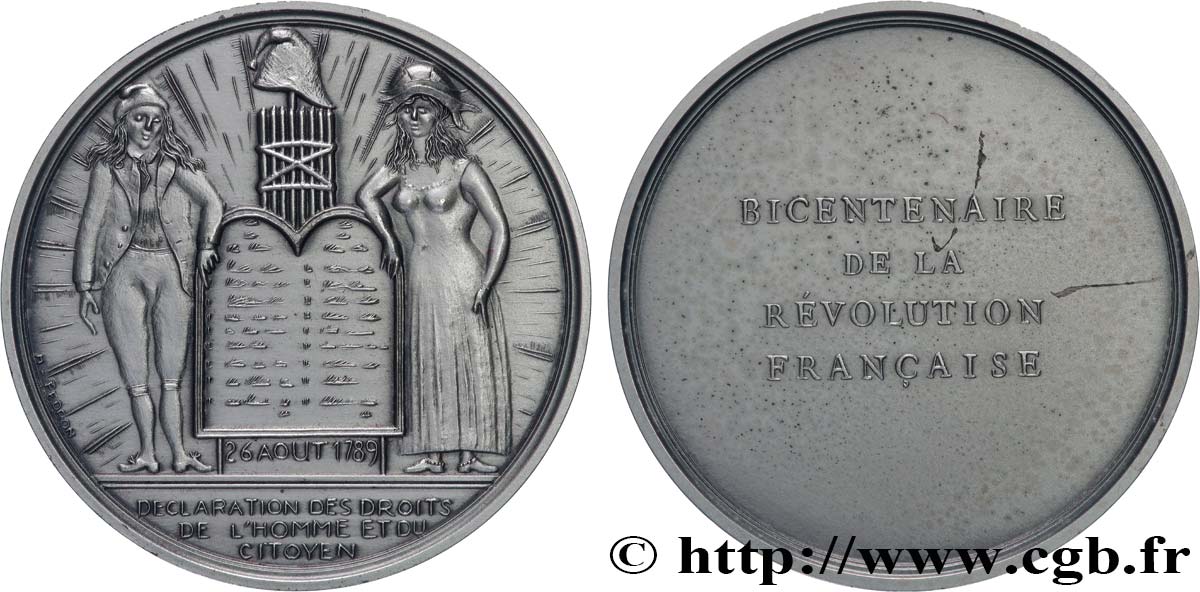 CINQUIÈME RÉPUBLIQUE Médaille, Bicentenaire de la Révolution, Déclaration des droits de l’homme et du citoyen SUP
