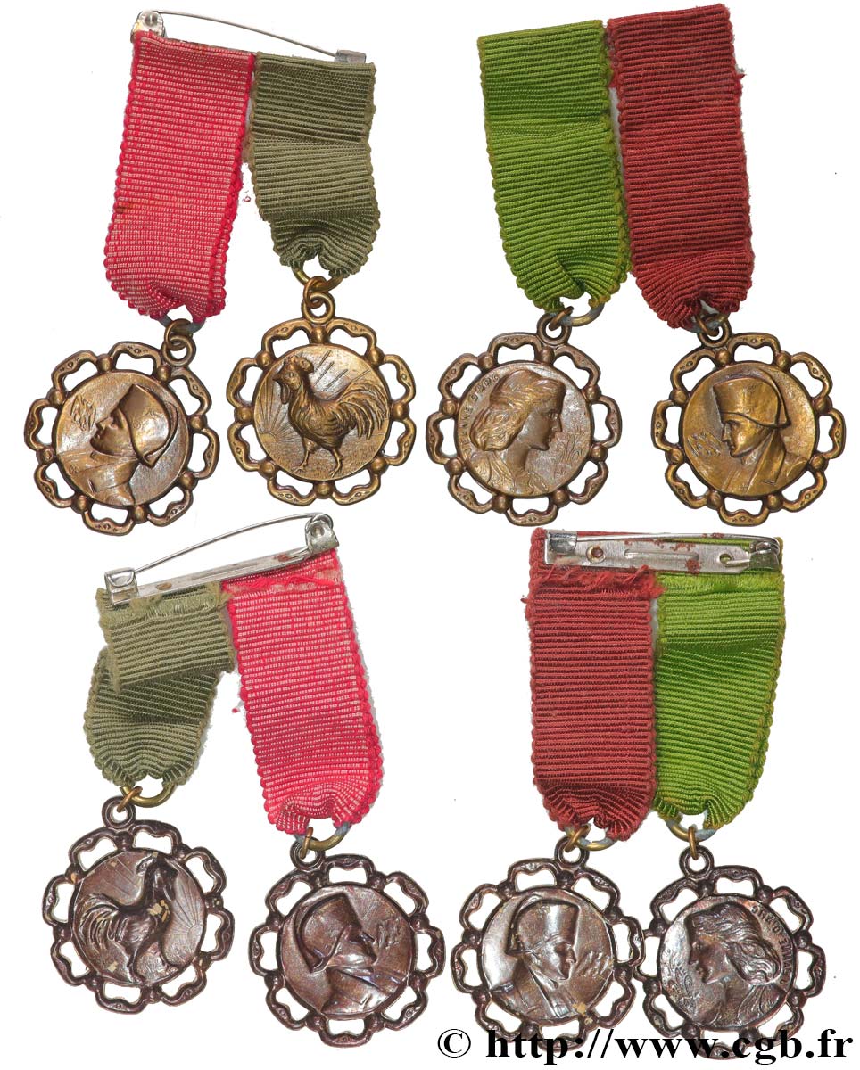 PRIX ET RÉCOMPENSES Lot de 2 pinces de 2 médailles, Napoléon Ier, le Coq et Jeanne d’Arc SUP
