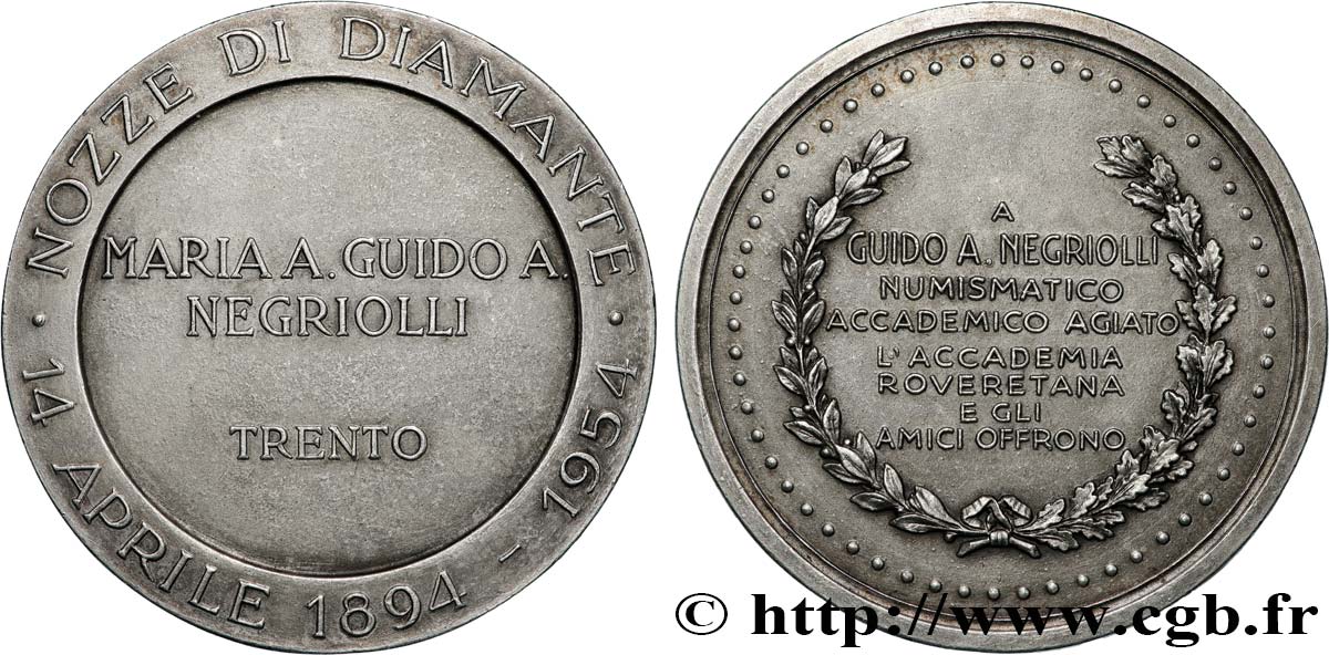 ITALY Médaille, Noces de diamant de  Maria et Guido Negriolli AU