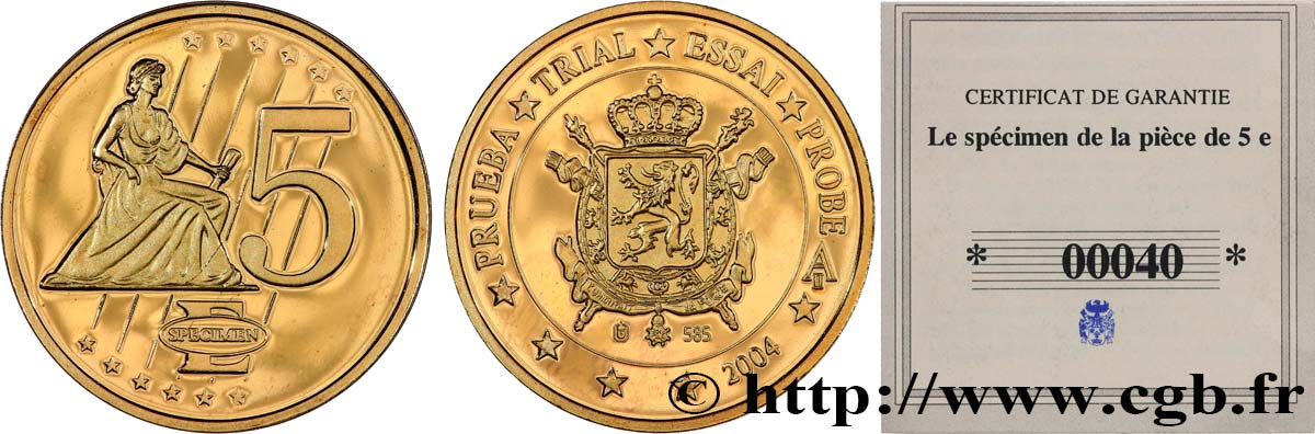 EUROPE Médaille, Specimen 5 €uro, Belgique SPL