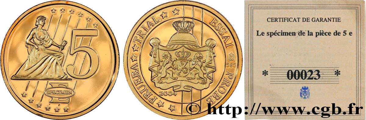 EUROPE Médaille, Specimen 5 €uro, Pays-Bas SPL