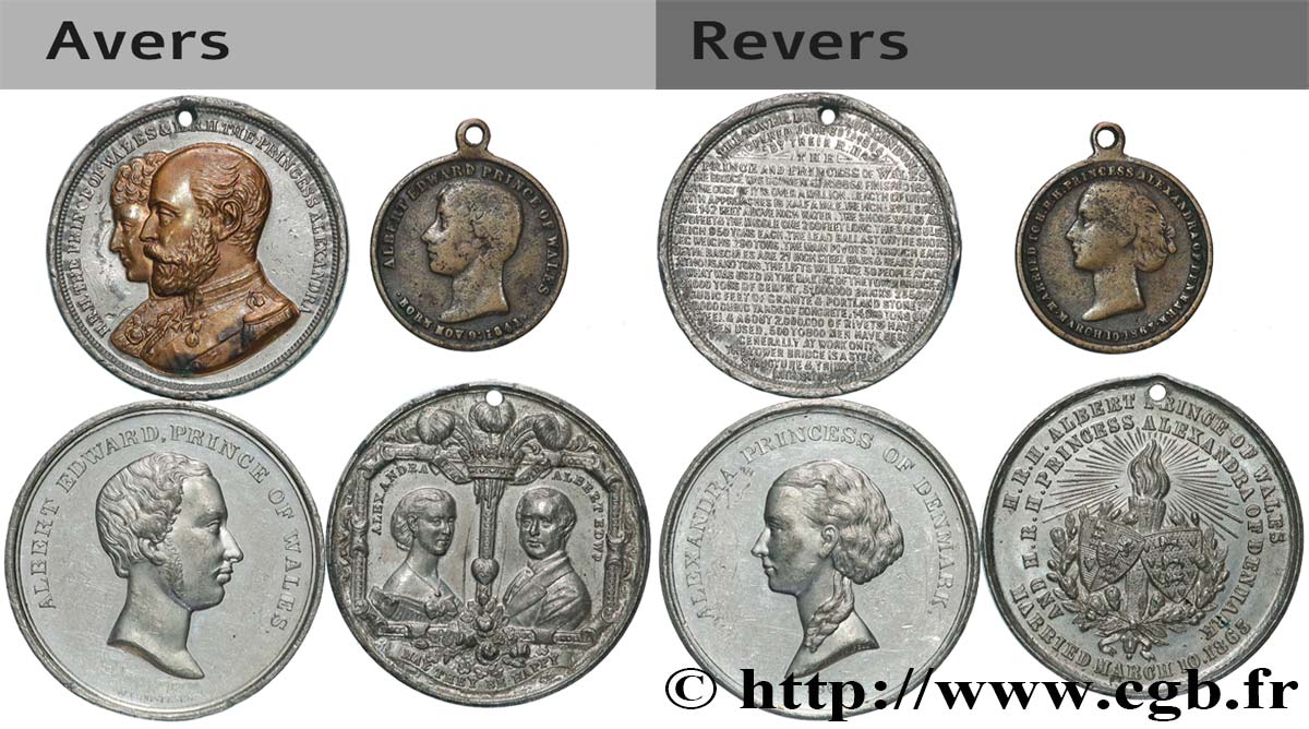 REINO UNIDO Lot de 4 médailles, Mariage du Prince de Galles, Albert-Edouard, et Alexandra du Danemark, et son jubilé d’argent MBC