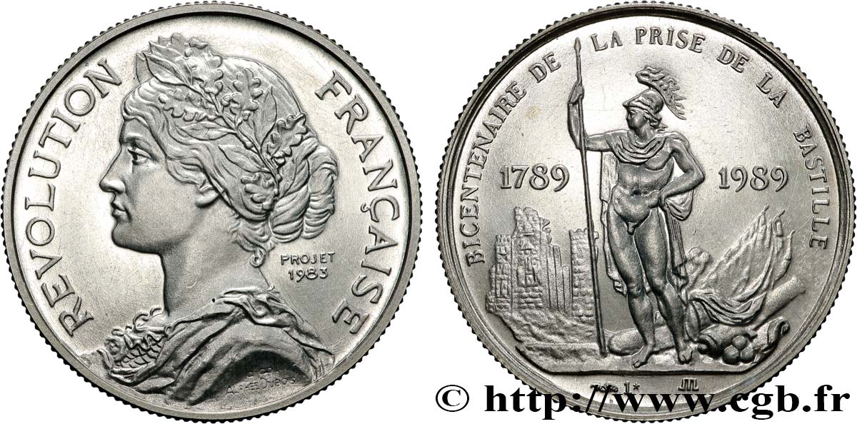 CINQUIÈME RÉPUBLIQUE Médaille, Bicentenaire de la Révolution Française, Prise de la Bastille SUP