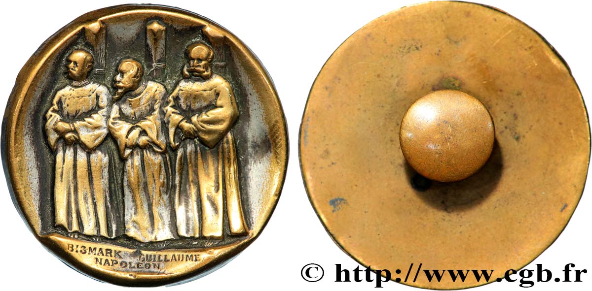 SATIRICAL COINS - 1870 WAR AND BATTLE OF SEDAN Médaille-bouton, Bismark, Guillaume et Napoléon III, Les trois aux poteaux VF