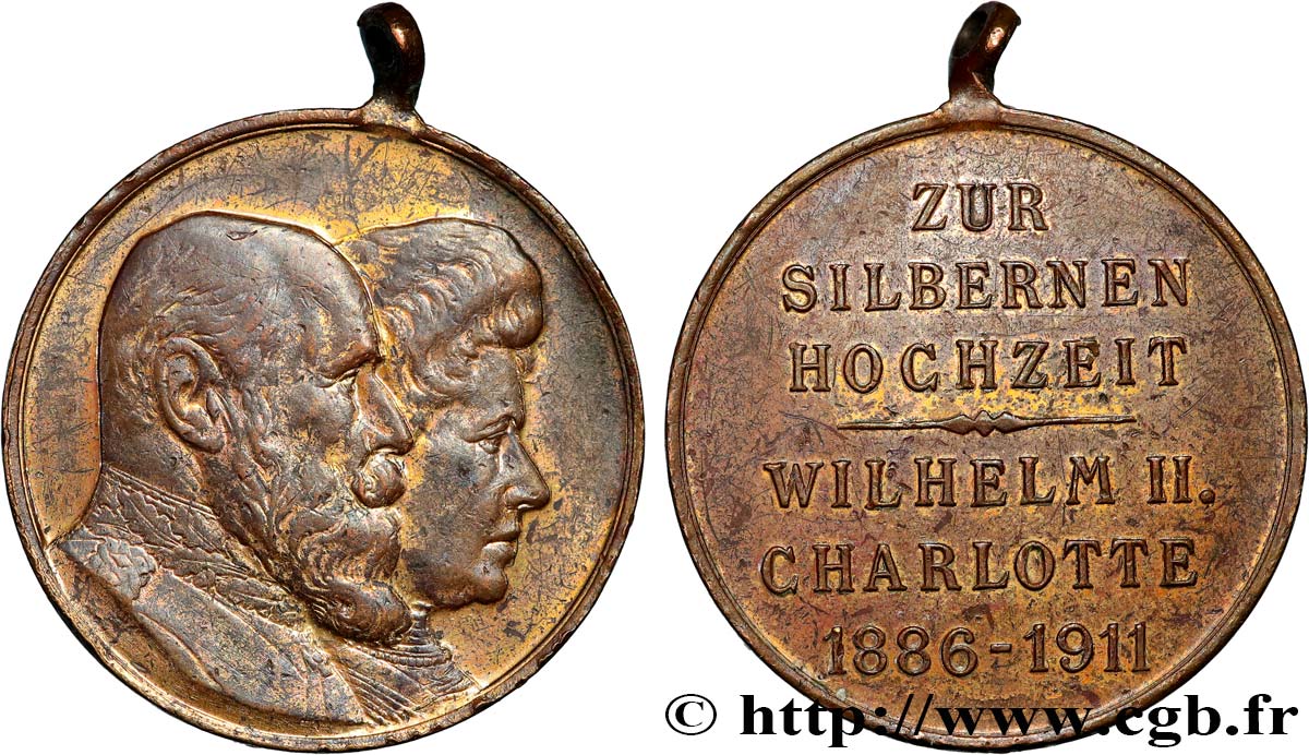 ALLEMAGNE - ROYAUME DE WURTTEMBERG - GUILLAUME II Médaille, Noces d’argent de Guillaume II de Wurtemberg et de Charlotte TTB