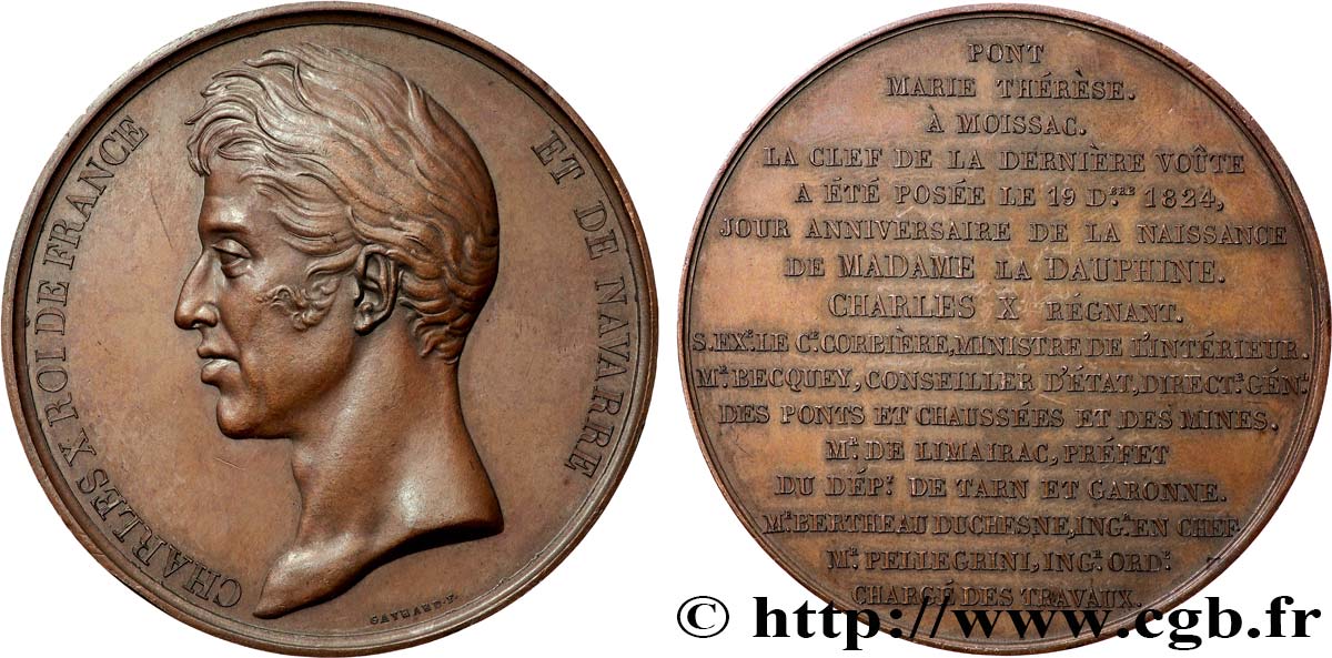 CHARLES X Médaille, Pose de la clef de la voûte du pont Marie-Thérèse à Moissac AU