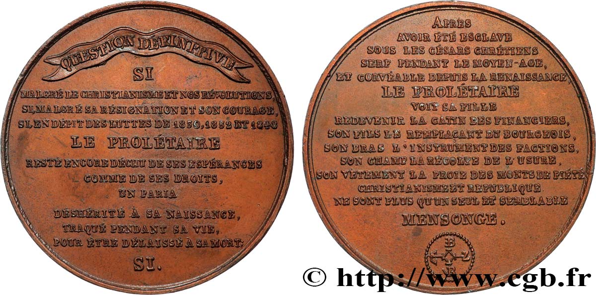 DEUXIÈME RÉPUBLIQUE Médaille, Constat amer sur le prolétaire, critique de la République SPL