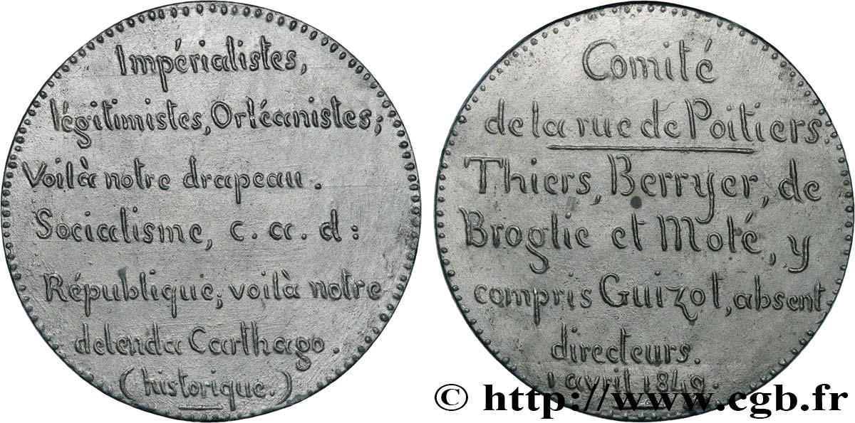 DEUXIÈME RÉPUBLIQUE Médaille, Comité de la rue de Poitiers AU