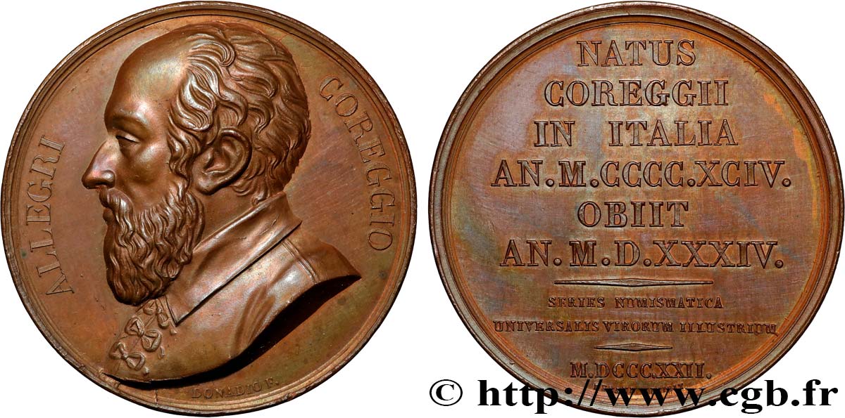 SÉRIE NUMISMATIQUE DES HOMMES ILLUSTRES Médaille, Antonio Allegri da Correggio, dit Il Correggio AU