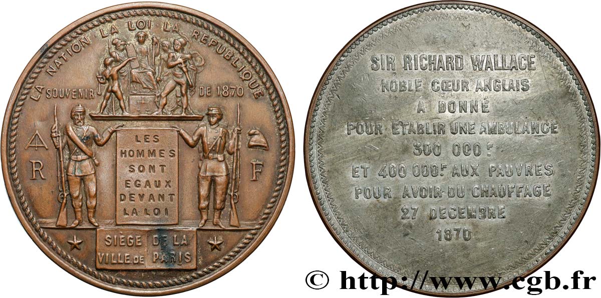 III REPUBLIC Médaille, Don de Richard Wallace pendant le siège de Paris XF