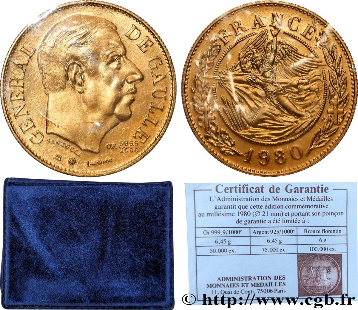 V REPUBLIC Médaille, module de 20 francs, Charles de Gaulle MS