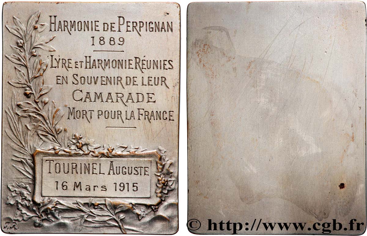 TERZA REPUBBLICA FRANCESE Plaquette, Lyre et Harmonie réunies, en souvenir de leur camarade mort pour la France BB
