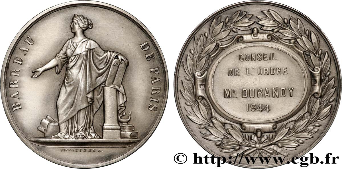 PROVISORY GOVERNEMENT OF THE FRENCH REPUBLIC Médaille, Barreau de Paris, Conseil de l’ordre AU