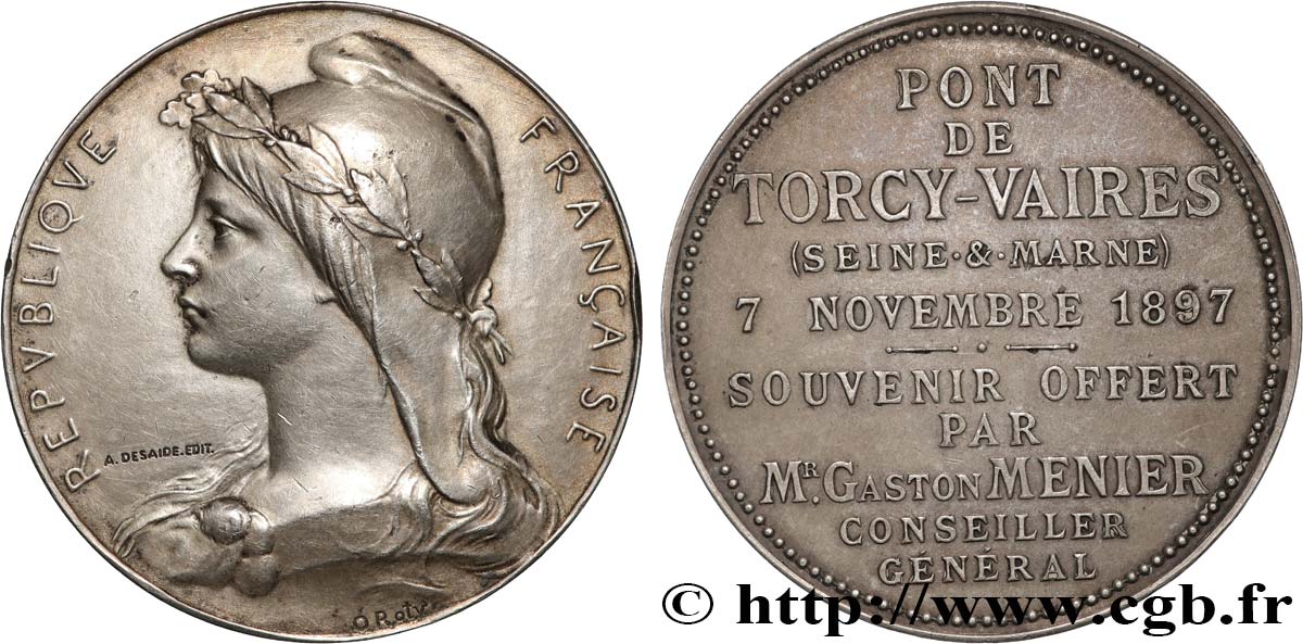 TROISIÈME RÉPUBLIQUE Médaille, Pont de Torcy-Vaires, Souvenir offert par le conseiller général Gaston Menier TTB+