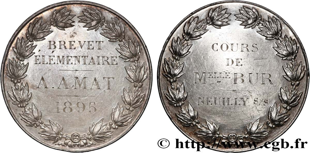 III REPUBLIC Médaille, Brevet élémentaire, Cours de Mademoiselle Bur AU