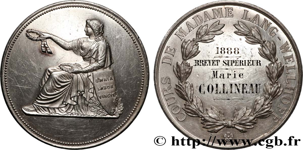 III REPUBLIC Médaille, Brevet supérieur, Cours de Madame Lang-Wellhoff AU